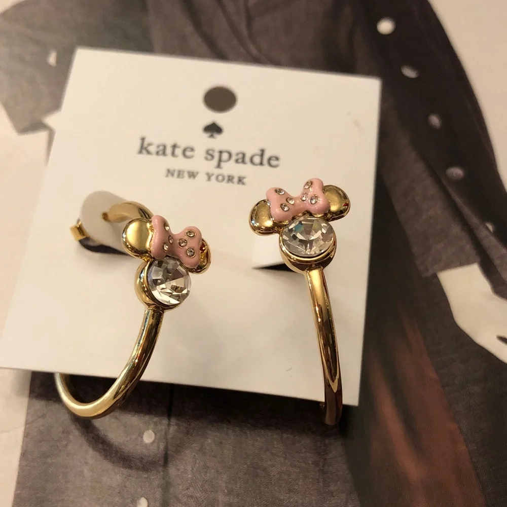 Authentic New on card. kate spade Disney Minnie gold hoop earrings.